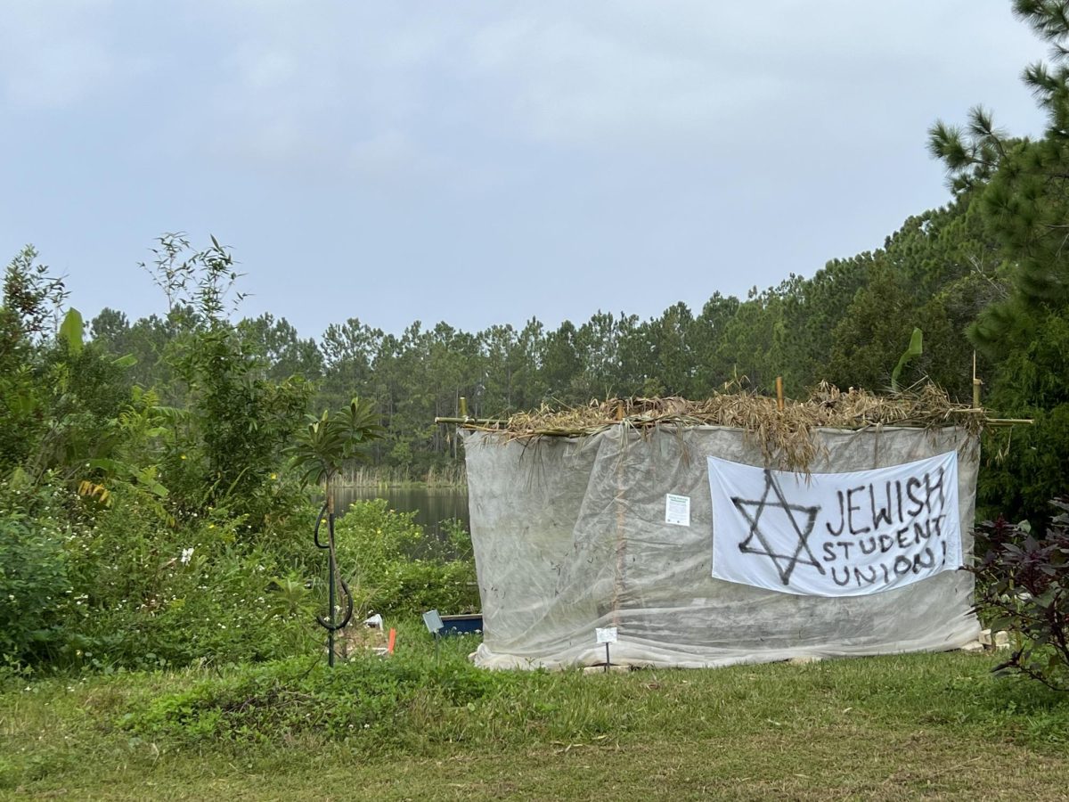 The sukkah faces out toward the water at Ogier Gardens.