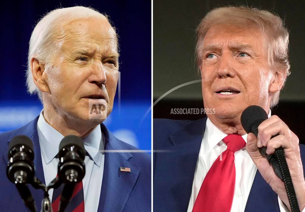In this combination photo, President Joe Biden speaks May 2, 2024, in Wilmington, N.C., left, and Republican presidential candidate former President Donald Trump speaks at a campaign rally, May 1, 2024, in Waukesha, Wis. President Joe Biden says he won’t participate in the campaign debates sponsored by a nonpartisan commission, instead challenging Republican Donald Trump to a pair of debates. Biden said Wednesday that Trump lost two debates to him in 2020 and since then, he hasn’t shown up for a debate. Biden proposes debating Trump twice. (Alex Brandon/AP Photo)